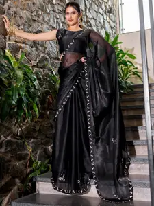 Saree mall Black Embellished Beads and Stones Organza Sarees