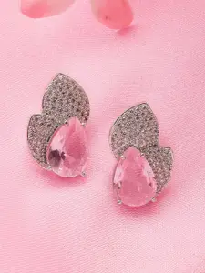 ADIVA Silver-Plated AD Stone Studded Floral Brass Studs Earrings