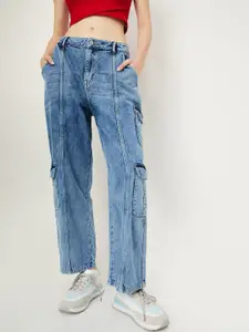 max Women Low Distress Heavy Fade Mid-Rise Cargo Styles Jeans