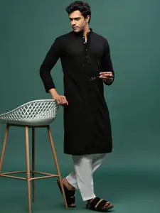 Sangria Black Floral Embroidered Mandarin Collar Chikankari Straight Kurta With Pyjamas
