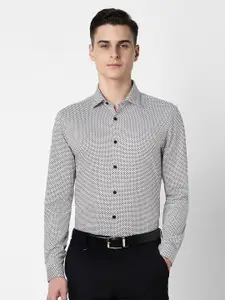 V Dot Men Spread Collar Geometric Printed Cotton Slim Fit Party Shirt