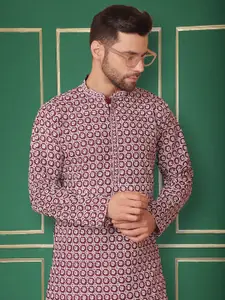 Jompers Geometric Printed Mandarin Collar Long Sleeves Thread Work Pur Cotton Floral Kurta