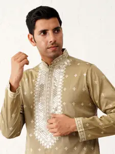 Jompers Floral Embroidered Sequinned Mandarin Collar Cotton Silk Straight Kurta