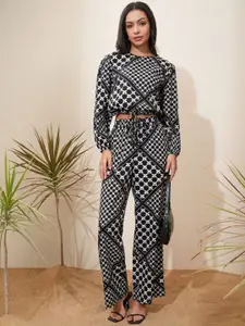 Tokyo Talkies Black Printed Crop Top With Trousers