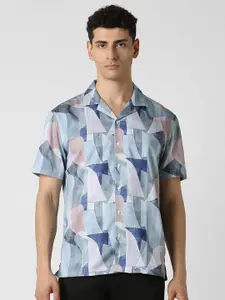 V Dot Men Cuban Collar Abstract Printed Cotton Slim Fit Party Shirt