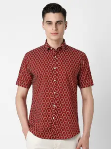 V Dot Men Spread Collar Geometric Printed Cotton Slim Fit Party Shirt