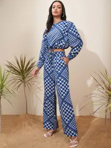 Tokyo Talkies Blue Printed Crop Top With Trousers