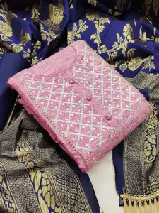 Ishin Checked Embroidered Mirror Work Pure Cotton Unstitched Dress Material