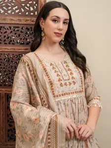 Vishudh Floral Print Fit and Flare Maxi Embroidered Dress Set With Dupatta