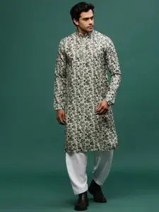 Sangria Green Floral Printed Mandarin Collar Straight Cotton Kurta With Salwar