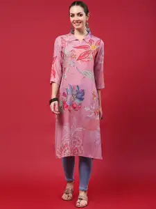 Shree Floral Printed Shirt Collar Three-Quarter Sleeves Liva Straight Kurta