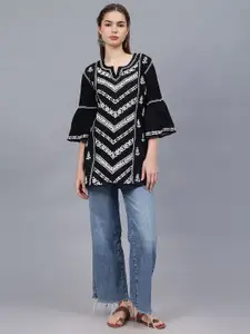 Seva Chikan Floral Embroidered V-Neck Flared Sleeves Chikankari Chikankari Kurti