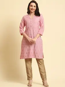 Shree Ethnic Motifs Printed V-Neck Three-Quarter Sleeves Pocket Detailing Straight Kurta