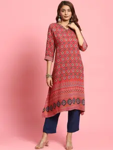 Shree Floral Printed V-Neck Three-Quarter Sleeves Liva Straight Kurta