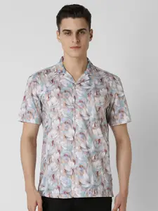 V Dot Men Cuban Collar Floral Printed Cotton Slim Fit Casual Shirt
