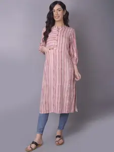 Shree Striped Puff Sleeves Mandarin Collar Straight Kurta