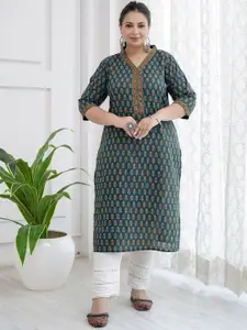 Nayo Plus Size Floral Printed V-Neck Cotton Straight Kurta