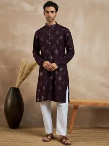 House of Pataudi Geometric Embroidered Mandarin Collar Straight Kurta