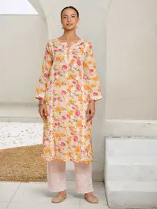 HOUSE OF KARI Floral Printed Chikankari Cotton Straight Kurta