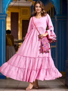 Ziva Fashion Women Pom Pom-Detailed Tiered Ethnic Dress