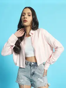 CHIMPAAANZEE Women Vertical Stripes Oversized Casual Shirt