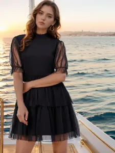 RARE Puff Sleeve Net Fit & Flare Dress