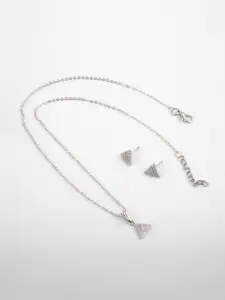 Kord Store Rhodium Plated American Diamond Studded Latest Triangle Shape Pendant Set