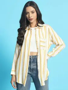 CHIMPAAANZEE Women Spread Collar Vertical Striped Oversized Casual Shirt