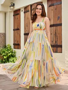 Ziva Fashion Printed Georgette Tiered Flared Maxi Dress