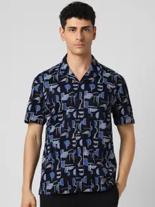 V Dot Men Cuban Collar Abstract Printed Cotton Slim Fit Party Shirt