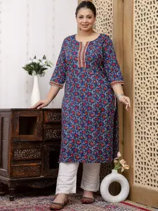 Nayo Plus Size Floral Printed Notch Neck Cotton Straight Kurta