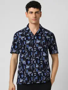 V Dot Men Cuban Collar Abstract Printed Cotton Slim Fit Party Shirt