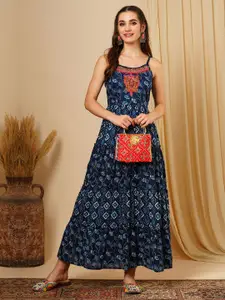 Globus Embroidered Yoke Adjustable Strappy Sleeves Ethnic Motifs A-Line Maxi Fusion Wear