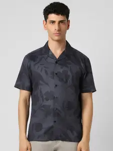 V Dot Men Cuban Collar Floral Printed Cotton Slim Fit Party Shirt
