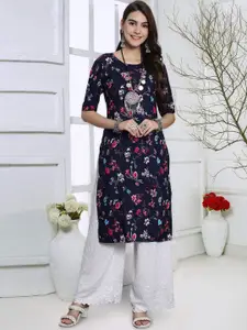 7Threads Floral Printed Round Neck Regular Crepe Straight Kurta
