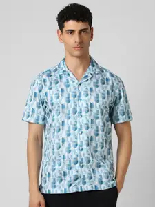 V Dot Men Cuban Collar Abstract Printed Cotton Slim Fit Party Shirt