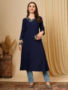 Globus Blue Floral Embroidered Georgette A-Line Kurta