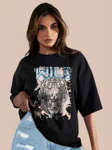 Leotude Women Graphic Printed Round Neck Cotton Oversized T-Shirt