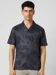 V Dot Men Cuban Collar Floral Printed Cotton Slim Fit Party Shirt
