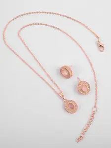 Kord Store Rose Gold Plated American Diamond Studded Oval Shape Pendant Set