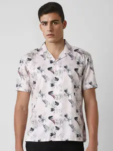 V Dot Men Cuban Collar Floral Printed Cotton Slim Fit Party Shirt