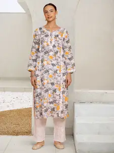HOUSE OF KARI Floral Printed Notched Neck Chikankari Pure Cotton Straight Kurta