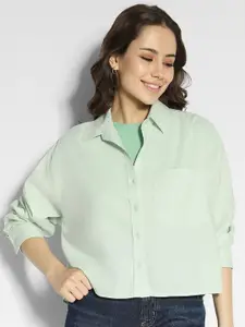 AMERICAN EAGLE OUTFITTERS Women Spread Collar Solid Cotton Casual Shirt