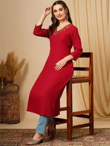 Globus Floral Embroidered Thread Work V-Neck Georgette A-Line Kurta