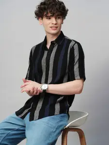 TRYBUY.IN Men Comfort Spread Collar Striped Cotton Party Shirt