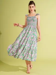 Globus Printed Smocked Fit & Flare Midi Dress
