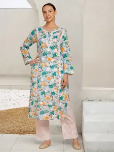 HOUSE OF KARI  Floral Printed Notched Neck Chikankari Pure Cotton Straight Kurta