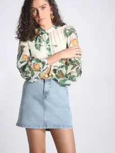 Vero Moda Tropical Print Mandarin Collar Bishop Sleeves Tropical Top