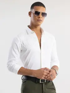 Snitch Men Relaxed Spread Collar Textured Cotton Slim Fit Casual Shirt