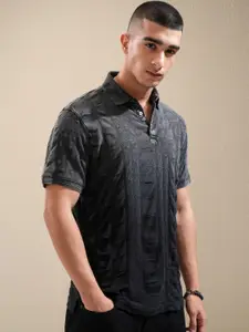 HIGHLANDER Men Self Design Polo Collar Cotton Slim Fit T-Shirt